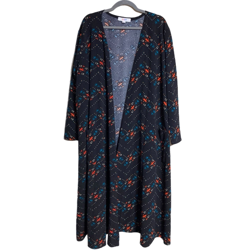 LuLaRoe Navy Cardigan with Red and Teal Accents